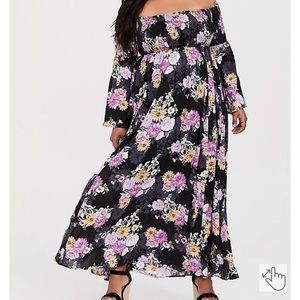 Black Floral Challis Off Shoulder Maxi Dress